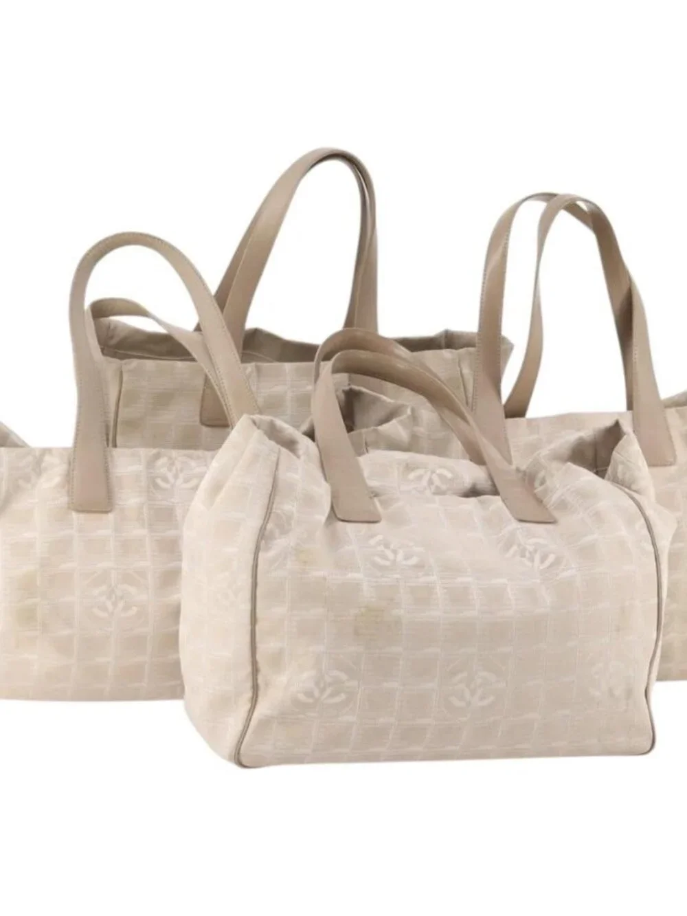 CHANEL New Travel Line Tote Bag Nylon 4 Set Beige CC Auth ti3920
